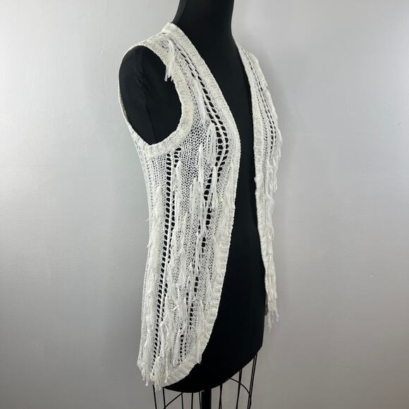 Vintage CACHE White Ribbon Open Knit Fringe Sleeveless Cardigan Open Vest XS - Picture 4 of 8